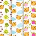 Set of three cute cartoon baby tiger pups seamless patterns.