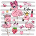 Set of three cute cartoon flamingos