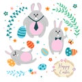 Set of three cute Easter bunnies and painted eggs in a cartoon style. Royalty Free Stock Photo