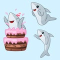 Set of three cute grey cartoon sharks. Character with birthday cake, happy and waving grey shark