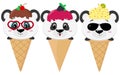 A set of three cute pandas in the image of ice cream.