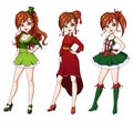 Set of three cute red haired girls with celebration haircuts and clothes
