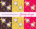 Set of three cute seamless floral patterns with bouquets of roses, daffodils and primrose flowers.