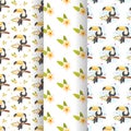 Set of three cute seamless tropical patterns with toucan and flowers. vector Royalty Free Stock Photo