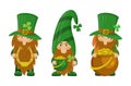Set of three cute St Patrick`s day leprechaun cartoon character with horseshoe and pot of gold. Irish gnome with shamrock on hat