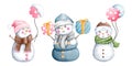 Set of three cute watercolor christmas snowman in a colorful winter costume with christmas balloons and gift boxes illustrations Royalty Free Stock Photo