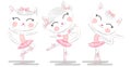 Set of three cute white ballerina cats in pink ballet tutu and pointe