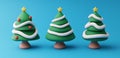 A set of three 3D modern Christmas tree illustrations adorned with snow, in charming green and white festive decorations Royalty Free Stock Photo