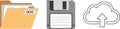 A set of three data storage icons (folder, floppy disk, cloud), symbolizing the evolution of information. Royalty Free Stock Photo