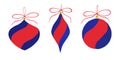 A set of three decorative elements. Christmas-tree red and blue toys on ribbons with bows. Watercolor illustration on a Royalty Free Stock Photo