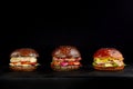Set of three delicious burgers isolated on a dark background. The concept of fast food, delicious but unwholesome food. Royalty Free Stock Photo