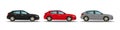 Set of three different colors cars on white background. Hatchback vehicles side view, black, red, grey