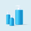 Set of three different 3d blue bottels of spray, dispenser and small container for soap or antiseptic