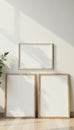 Set of three different sized wooden frames against neutral wall, modern setting, frames, different sizes, modern Royalty Free Stock Photo