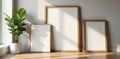 Set of three different sized wooden frames against sleek wall, upscale room, white, house Royalty Free Stock Photo