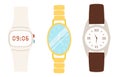 Set of three different watches. Electronic wrist watch, women&#s metal watch, brutal watch with a leather strap. Icon