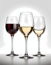A set of three different wine glasses: one for red wine, one for white, and one for sparkling wine, each partially filled Royalty Free Stock Photo