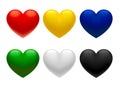 Set of three dimensional hearts of different colors isolated on white background