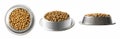 Set of three dishes dry pet food in a metal bowl isolated on white background. Top, half and front view. Royalty Free Stock Photo