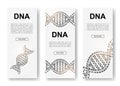 Set of three DNA spiral polygonal vertical banners. 3d Genetic helix low poly symbols with connected dots. Vertical