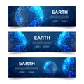Set of three Earth horizontal banners. Horizontal illustration for homepage design, promo banner. World map low poly Royalty Free Stock Photo