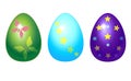 Set of three Easter eggs with pictures. Volumetric Easter eggs of green, blue and violet color painted with stars and butterflies