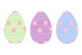 Set of three Easter eggs in trendy soft green, lilac and blue with pattern of wavy lines and flowers Royalty Free Stock Photo