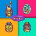 Set of three Easter eggs and white easter rabbit. Modern material background at the back Royalty Free Stock Photo