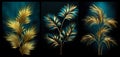 Set of three elegant blue, green and gold tropical leaves design.