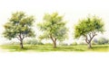 Set of Three Elegant Watercolor Orchard Trees AI Generated