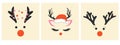 Set of three faces of a cute Christmas deer with a garland.
