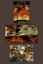 Set of three fall forest landscapes. Watercolor painting.