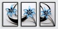A set of three framed canvases with abstract blue flowers on white background. Wall art decor Royalty Free Stock Photo