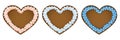 Set of three gingerbread hearts in different colors