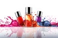 A set of three glass bottles of cosmetics with colorful splashes and drops. Mockup of beauty products with bright pink, orange and Royalty Free Stock Photo