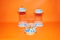 Set of Three Glass Jars with Blue Flower Pattern White Lids