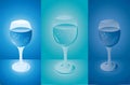 Set of three glasses of wine or champagne with bubbles in three color combinations. Royalty Free Stock Photo