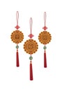 Set of three gold mooncakes hanging pendants with red tassels and jade disks for Chinese Mid Autumn Festival decoration. Royalty Free Stock Photo