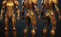 A set of three golden armors on a black background. Generative AI image. Royalty Free Stock Photo