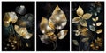 Set of three golden and black leaves on black background illustration.