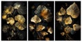 Set of three golden and black leaves on black background illustration.