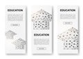 Set of three Graduation cap polygonal vertical banners. 3d E-learning low poly symbols with connected dots. Vertical Royalty Free Stock Photo