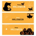 Set of three Halloween banners. Yellow background. Cat, bat, spider web and pumpkin. Happy holiday Royalty Free Stock Photo