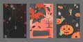 Halloween invitation cards design. Spiders on webs, bats, poisons, graves, pumpkins vector flat cartoon illustration.
