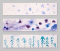 Set of three hand drawn watercolor header designs, blue, gray and pink color palette, blog design elements, winter theme Royalty Free Stock Photo