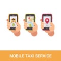 Set of three hands holding smartphones. Mobile taxi service icons