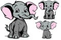 Set of three happy and funny baby elephants in children\'s illustration style Royalty Free Stock Photo