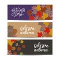 Set of three horizontal banners with autumn maple leaves. Collection of templates for autumn sales with text. Vector EPS 10 Royalty Free Stock Photo