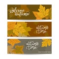 Set of three horizontal banners with autumn maple leaves. Collection of templates for autumn sales with text. Vector EPS 10 Royalty Free Stock Photo