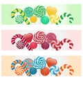 Set of three horizontal banners with different colorful candys and lollipops. Royalty Free Stock Photo